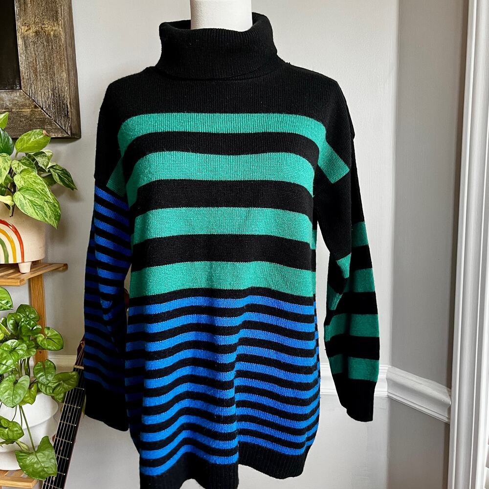 Vintage 90s Black Green Blue Colorblock Striped Turtleneck Sweater Size Large
